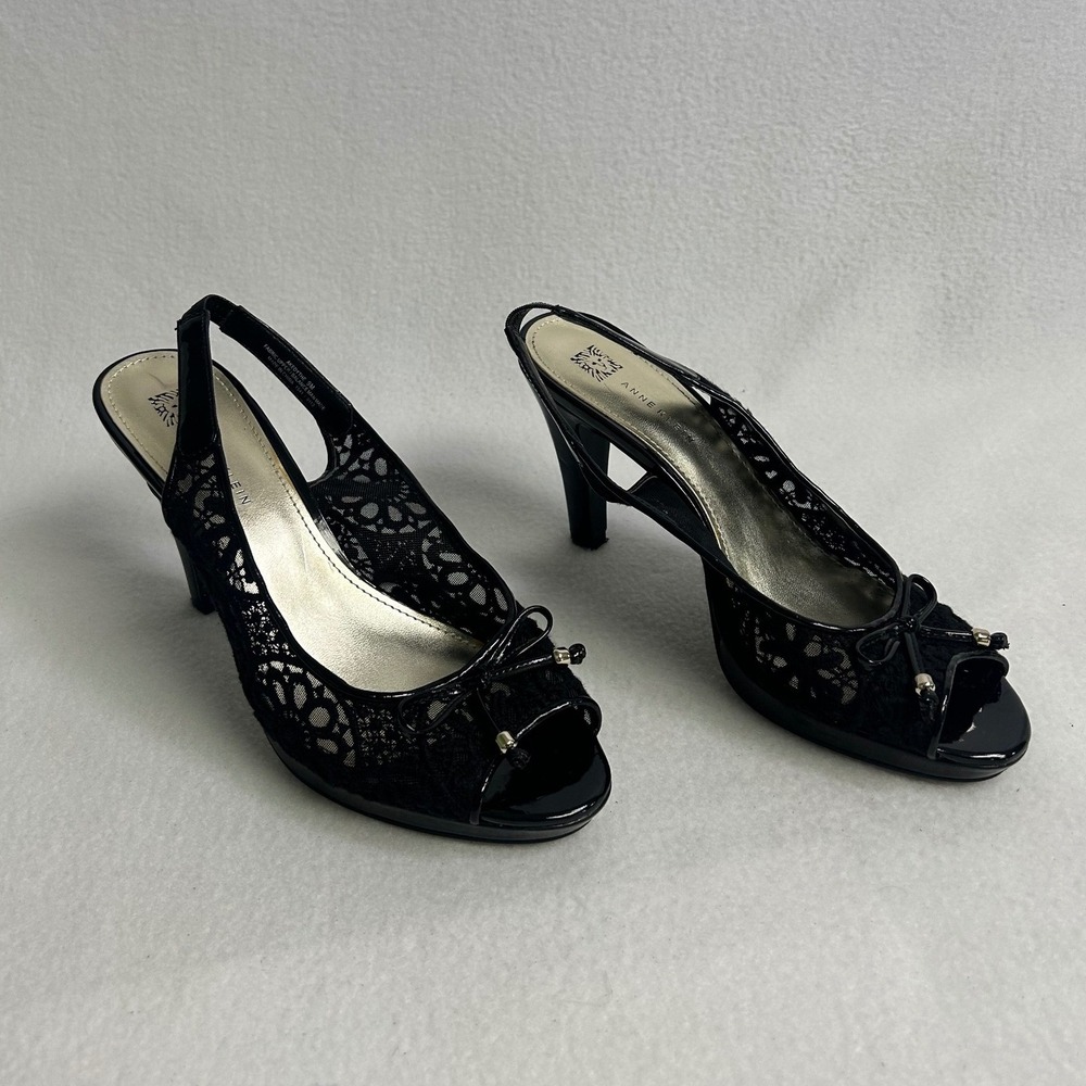 Evening Lace Anne Klein Womens 9M Black Akedythe Slingback Peep Toe Heels